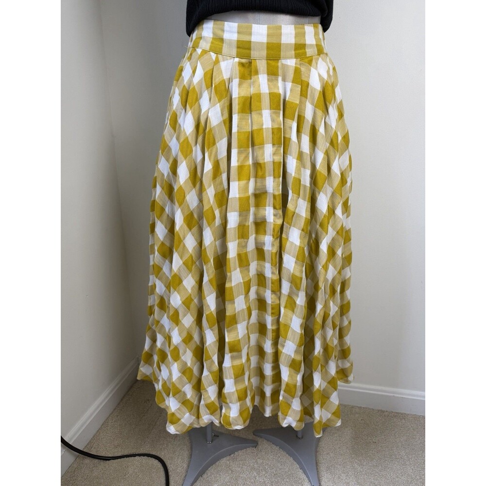MABLE Plaid Gingham Skirt Flared Size Medium Checkered Picnic Yellow White - Picture 6 of 10